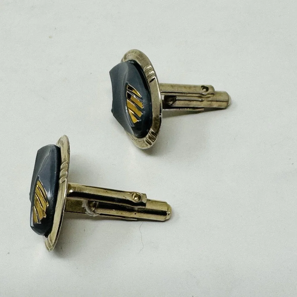 Vintage gold-tone &‎ Gray Men's Oval Cufflinks Classic Charity Elegant Black Tie